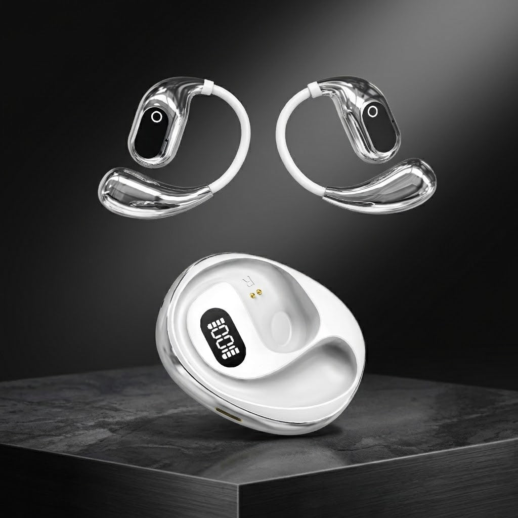 Auriculares traductores Oye plateados con gancho de oreja y estuche de carga con pantalla